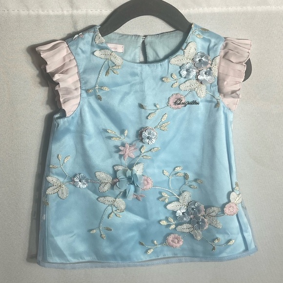 Choupette Girls Blue Pink Floral Embroidered Dress 92/56 (18-24M) Fancy Party - Picture 1 of 9